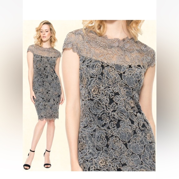 Tadashi Shoji Embroidered Rose Lace Mesh Steel Shadow Black Dress 6 - Picture 1 of 8
